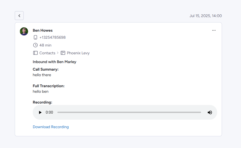 "Emails and Activities" details section